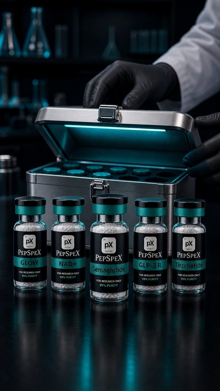 PepSpex research vials staged with a storage case