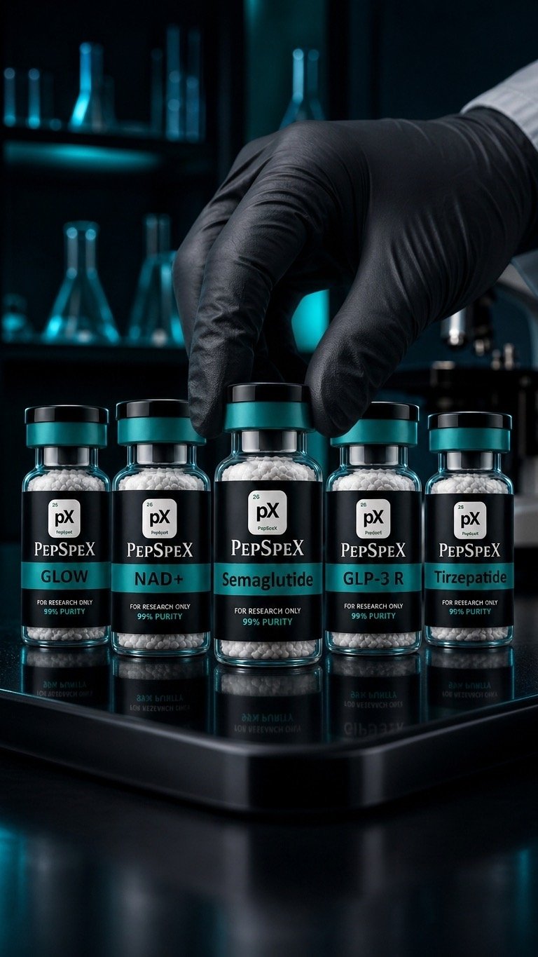 PepSpex research vials being handled in a laboratory setting